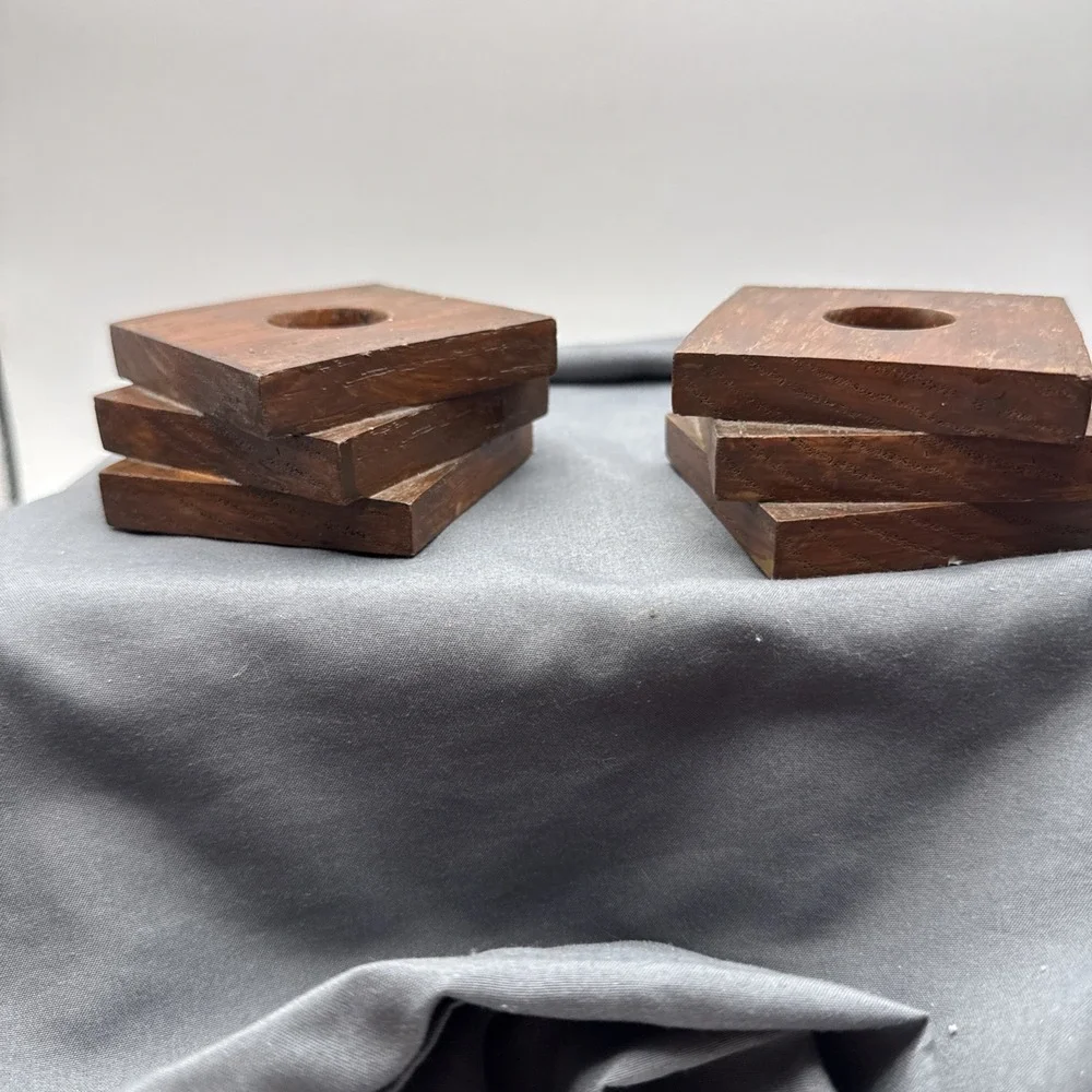 Wood Square Stacked Handmade  Candle Holder Set Of  Two 3.5 X1.5